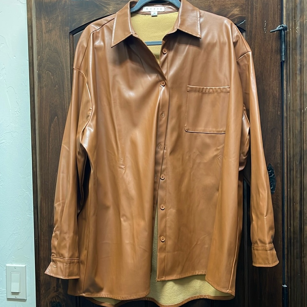HYFVE Relaxed Fit Brown Pleather Button Down